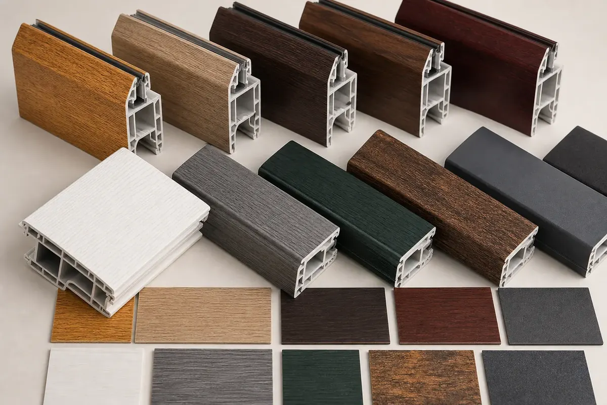 Échantillons de profilés PVC en finitions aspect bois et couleurs veinées